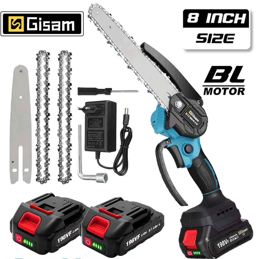 Gisam 8 Inch Electric Chain Saw Brushless Motor Battery ChainSaw Rechargeable Pruning Saw WoodWorking Power Tool for Makita 18V