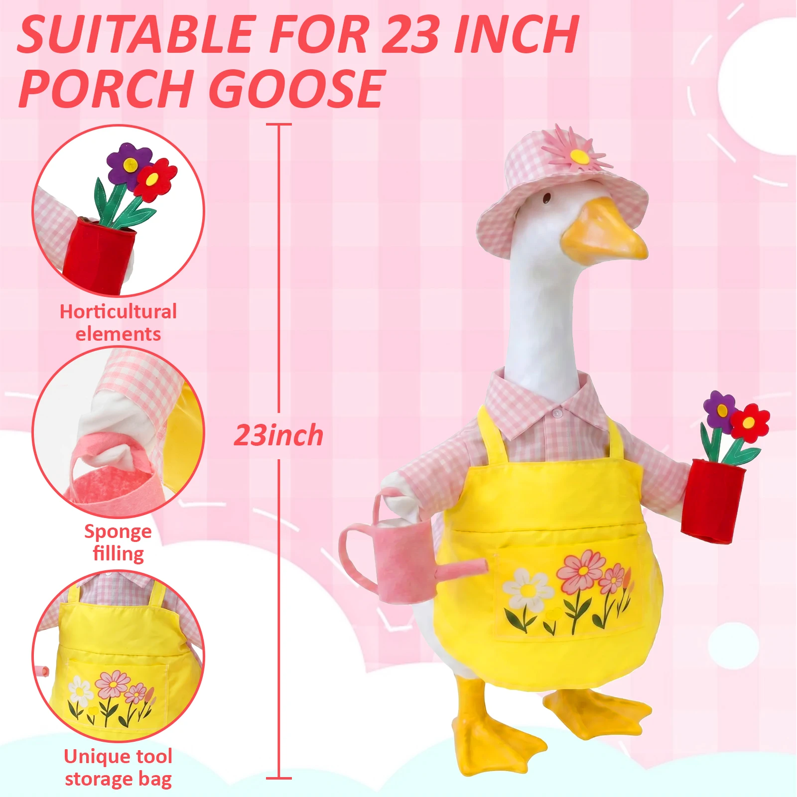 23 Inch Gardener Porch Goose Outfit Cement Plastic Goose Statue Costume with Hat Watering Can and Flower Pot for Yard Lawn Decor