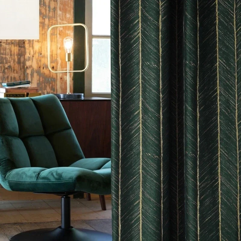 Luxury Jacquard Green Curtains for Living Dining Room Bedroom Gold Lines Fishbone Pattern American Tulle Window