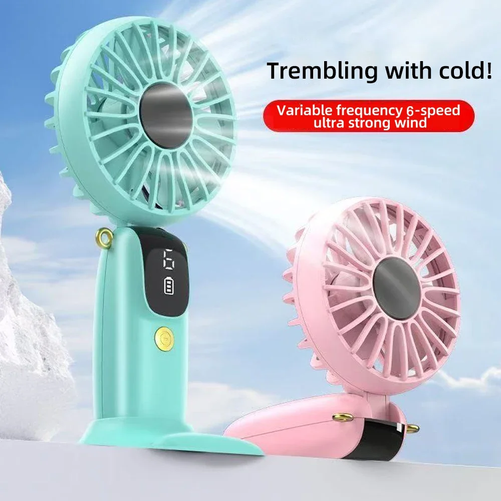 

Ручной мини-вентилятор USB, 6-скоростной перезаряжаемый, складной и портативный, с подставкой для телефона, экраном дисплея и подвесным дизайном на шею для