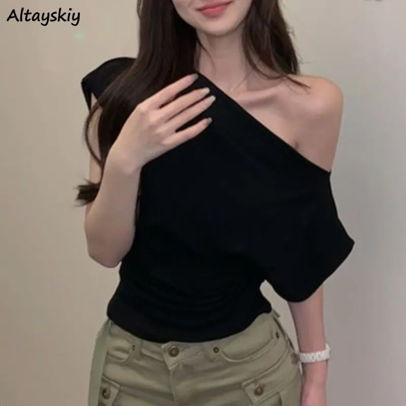 T-shirts Women Clothing Skew Collar Vintage Summer Aesthetic Sexy Off Shoulder Streetwear Elegant Minority Fashionable Pure 2023