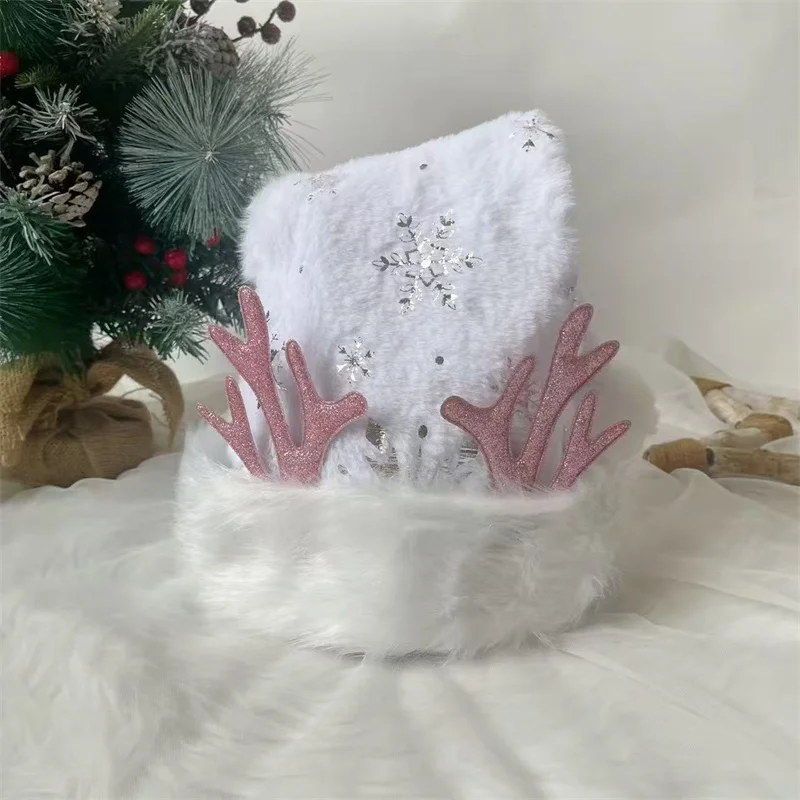 Neuankömmling rosa Hirschgeweih-Weihnachtsmütze, 31 x 47 cm, silbergeprägte Schneeflocke, doppellagig, flauschig, dekorativ, kurzer Hut