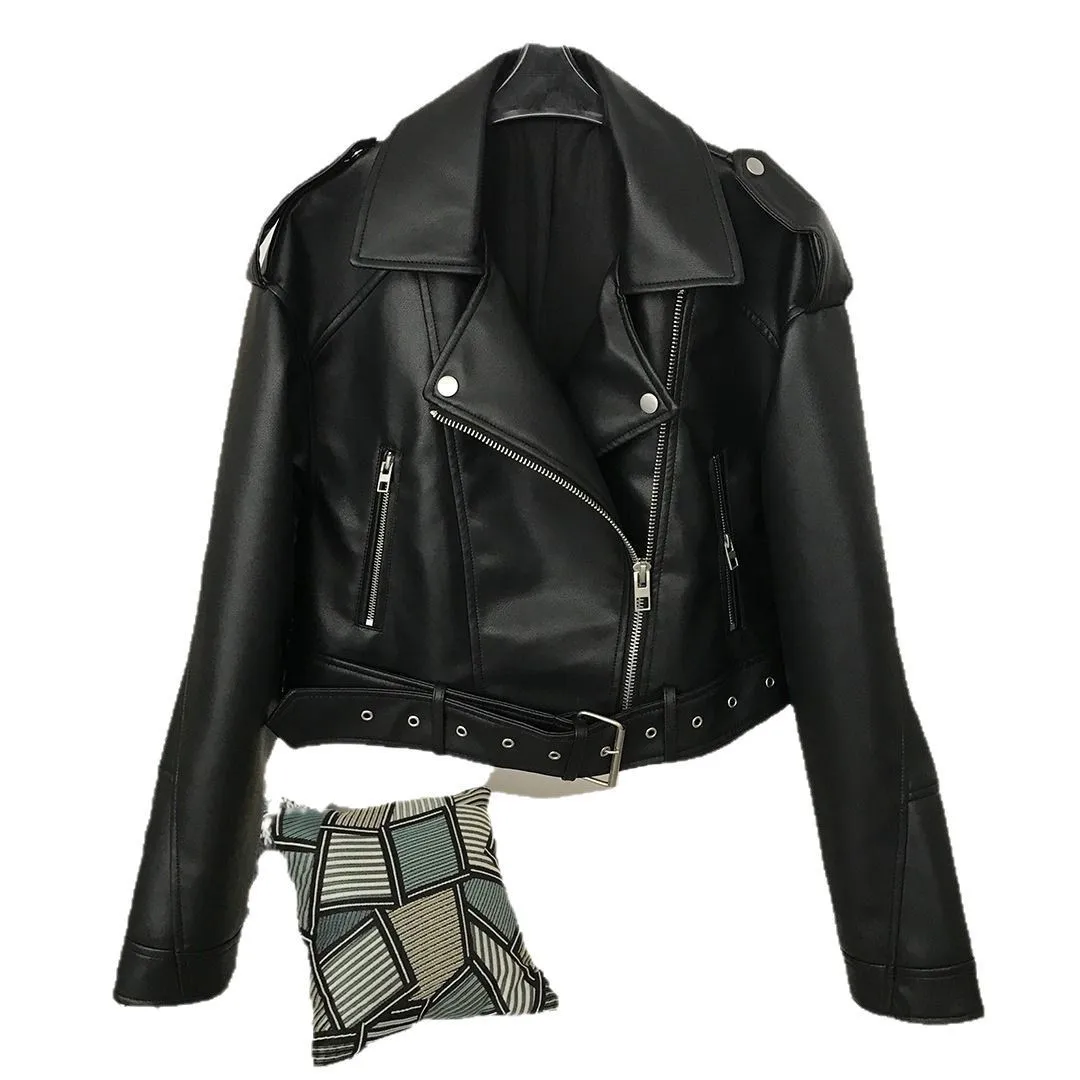 Damen Frühling Herbst Leder Jacke Europäischen Amerikanischen Stil Neue Revers Kurze Modische Casual Abnehmen Gürtel Dekor PU Mantel Top