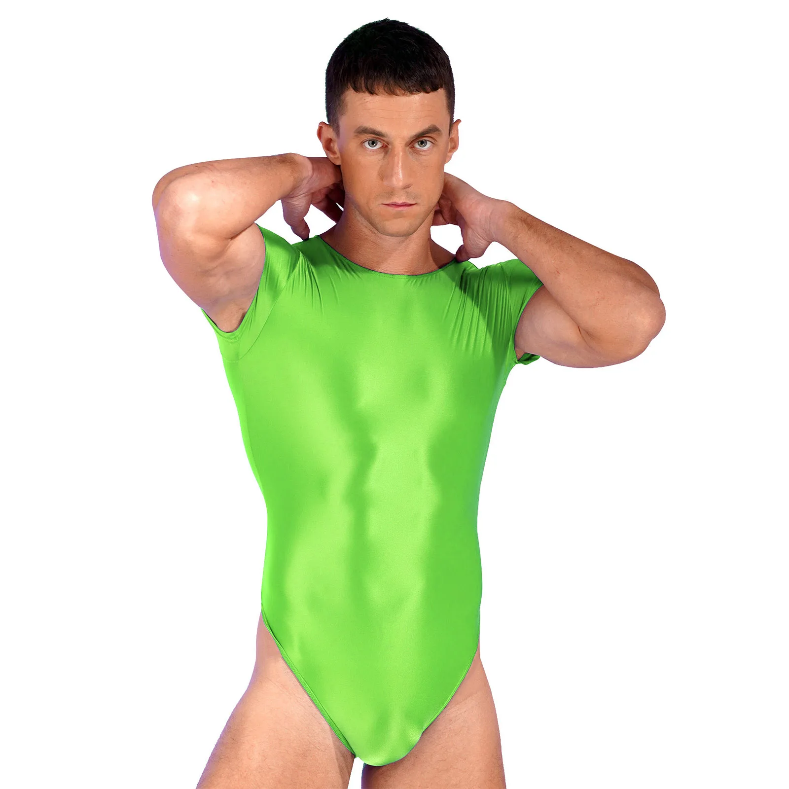 Mens Glossy Round Neck High Cut Bodysuit Swimwear One Pieces Solid Color Short Sleeve Leotard Gymnastics Bodybuilding Fitness