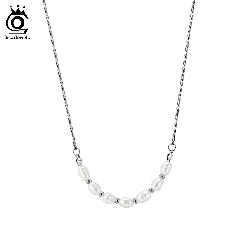 

ORSA JEWELS Stainless Steel 7-8mm Natural Oval Freshwater Pearl Necklace for Women Bead Choker Collarbone Chain Party STPN04