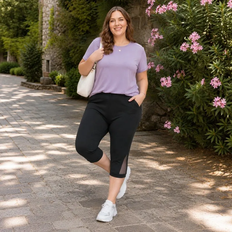 Mesh Hem Capri Pants for Women Elastic Waist Cropped Trousers Loose Fit Breathable Summer Casual Wear Plus Size Lightweight view 3