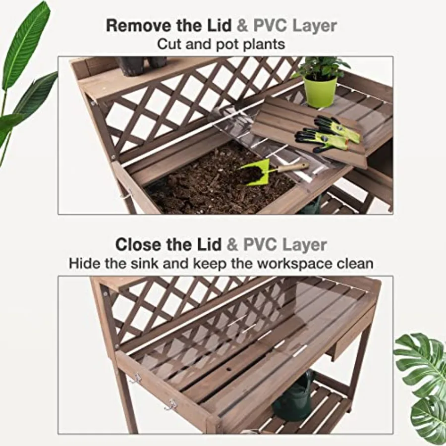 Outdoor Potting Bench For Gardening Use, Made Of Fir Wood, Natural Color, With Pvc Layer Storage Shelf, Sink, Drawer, And Hooks