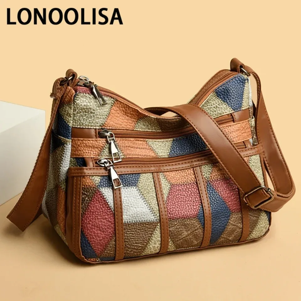 

Soft PU Leather Crossbody Bag for Women Patchwork Design Multi-pocket Ladies Single Shoulder Bag Large Capacity Tote