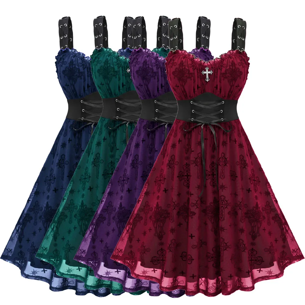 ROSEGAL حجم كبير فساتين حريمي القوطية عبر شبكة تراكب لوحة الدانتيل الكشكشة Vestidos خمر الدانتيل متابعة تانك فستان متعدد الألوان