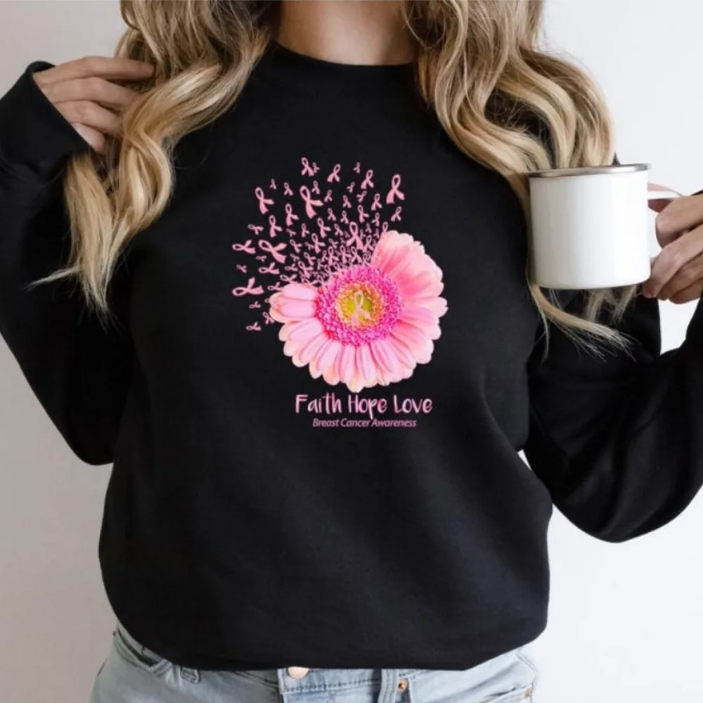 

Толстовка с информацией о раке молочной железы в октябре, розовая свитер с круглым вырезом «Вера, надежда, любовь», креативная женская уличная одежда с изображением ромашки