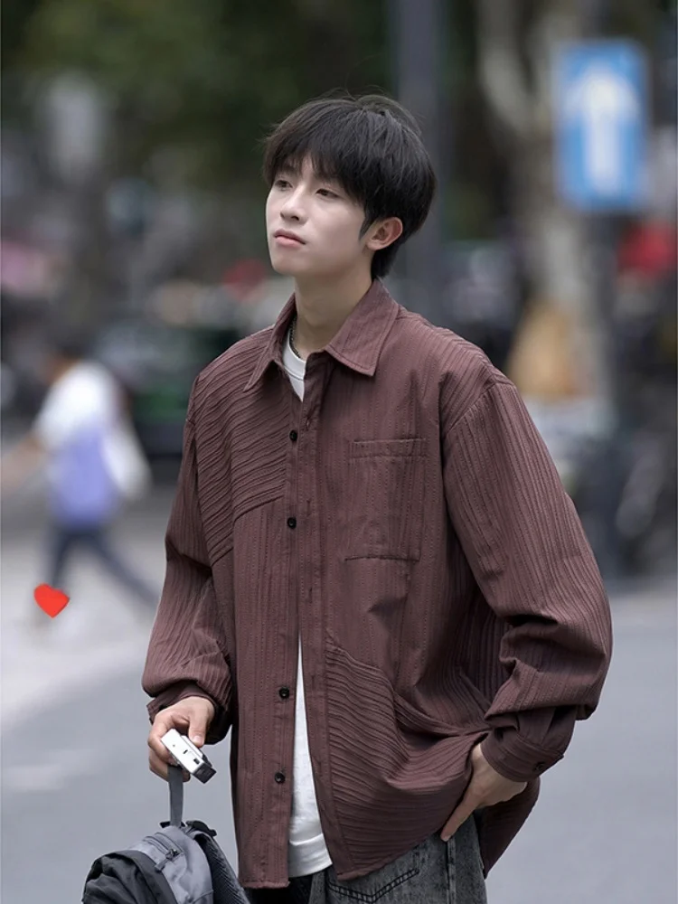 

Angola Red Texture Men's irt Long Sve High Street Workwear Spring Couple's Outerwear Vintage American Sle Loose Fit