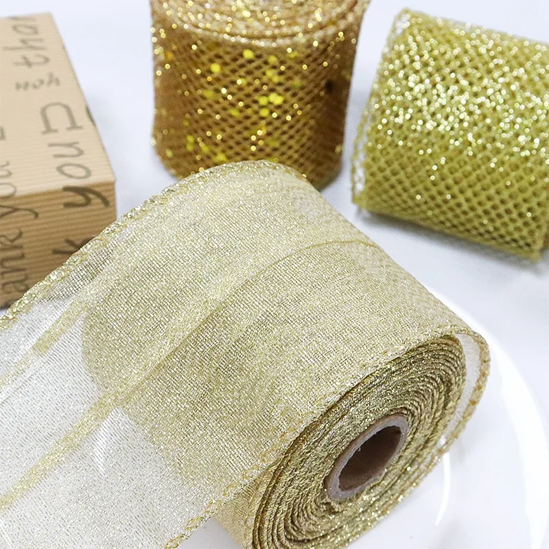 2-1/2\'\' 63mm Wired Edge Burlap Jute Golden Glitter Ribbon For Wedding Christmas Homemade DIY Decoration Gift Packaging