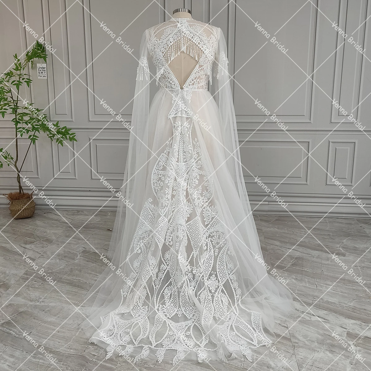 Customized Woven Lace V Neck Bridal Gowns with Removable Bolero Pullover Tulle Long Sleeves Floral Lace Fringe Wedding Dress