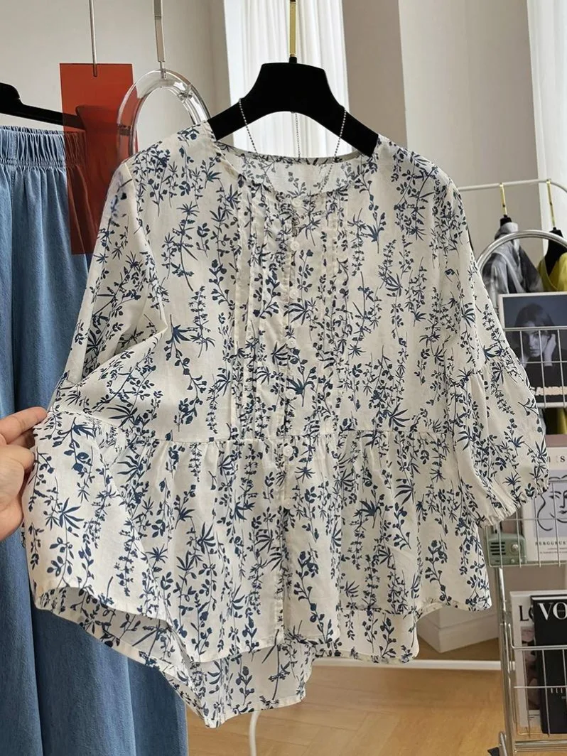 Women Floral Print Blouse Korean Fashion Casual Loose Tops 2024 Summer Round Neck Holiday Style Shirts