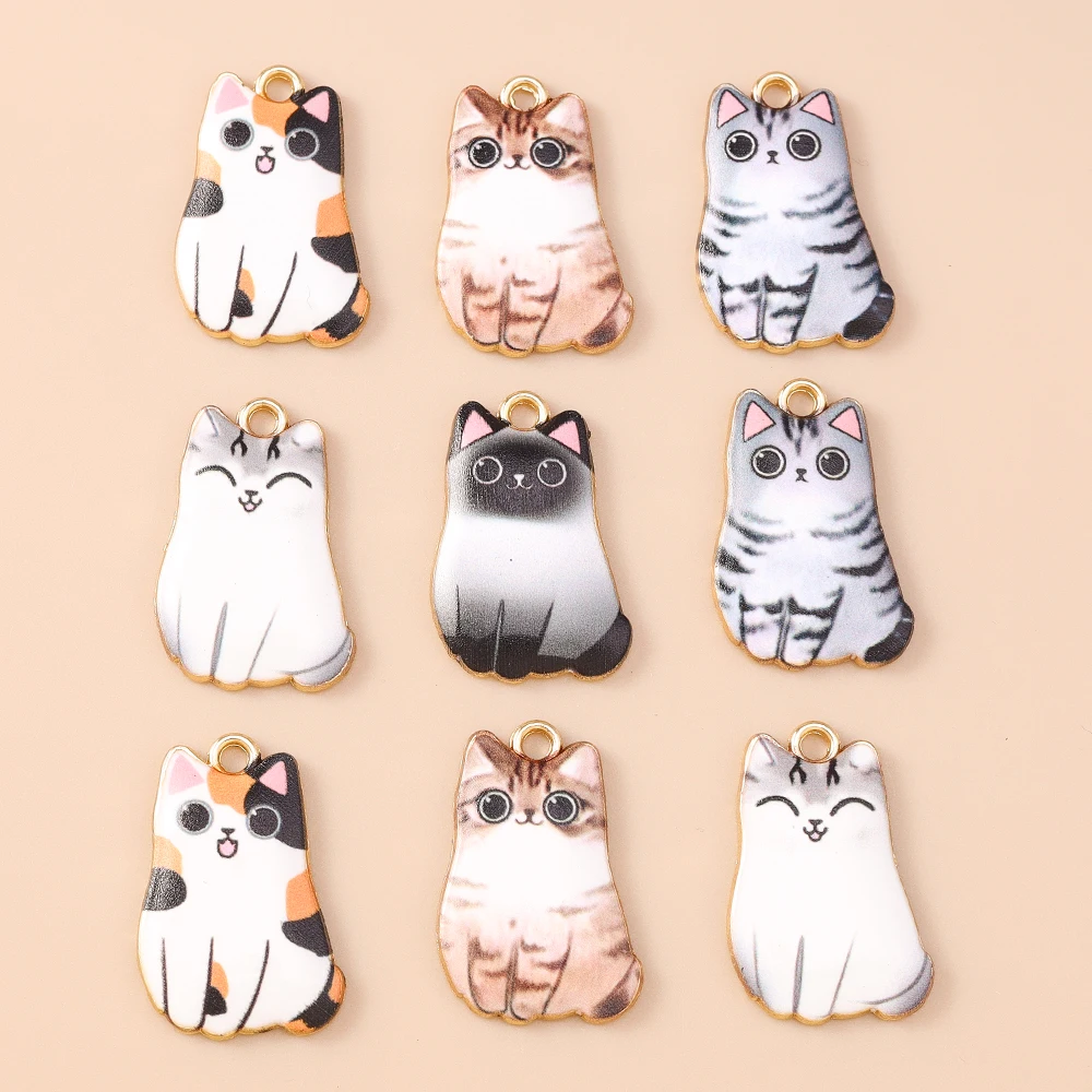 Leslie 10 Stück Cartoon-Emaille-Katzen-Charms, niedliche goldfarbene Metall-Tierkatzen-Anhänger für DIY-Halsketten, Armbänder, Schmuckherstellung – Detail 14