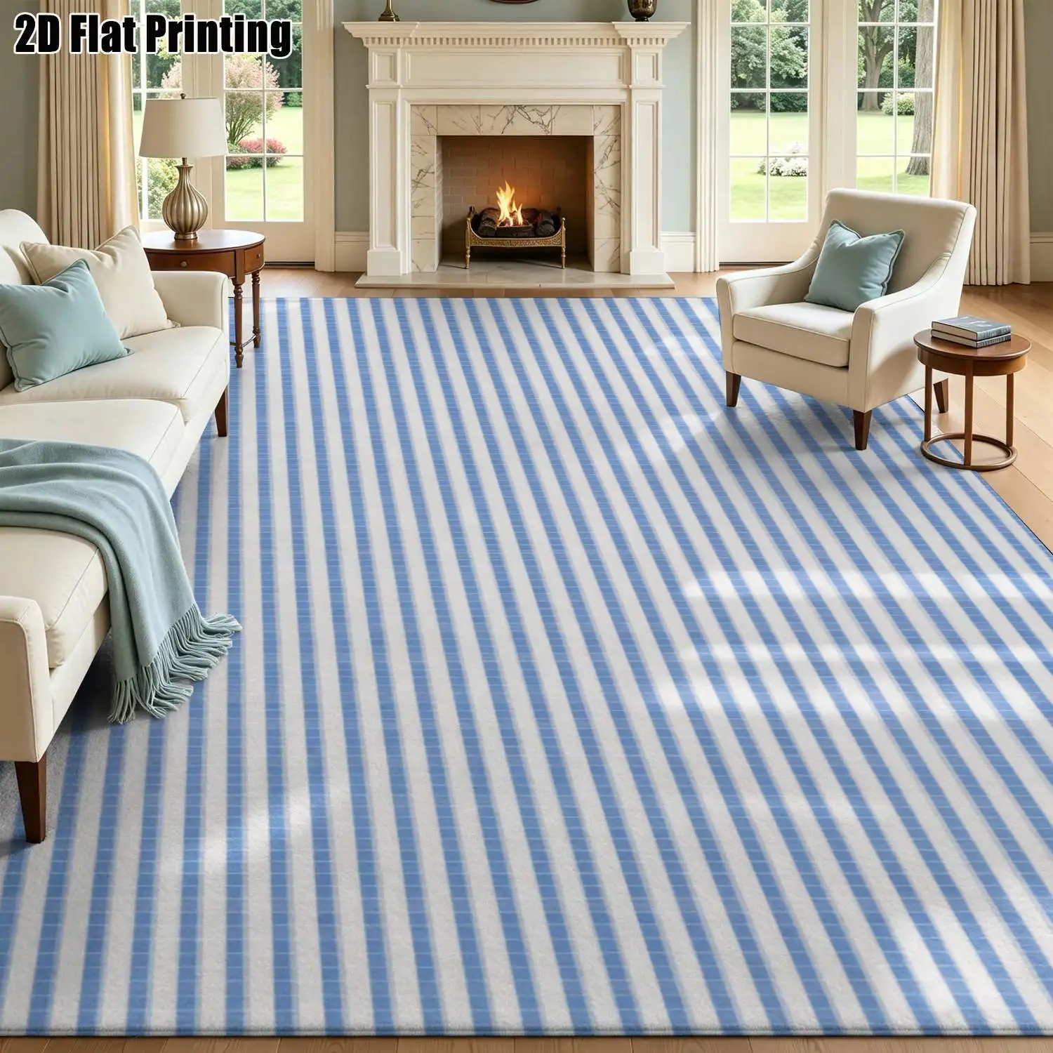 1Pc 2D Printed Blue&White Striped Geometric Nordic/Instagram Style Machine-Washable Carpet, Multi-Size for Entryway, Dining Room, Foyer, Living Room, Bedroom Home Decor