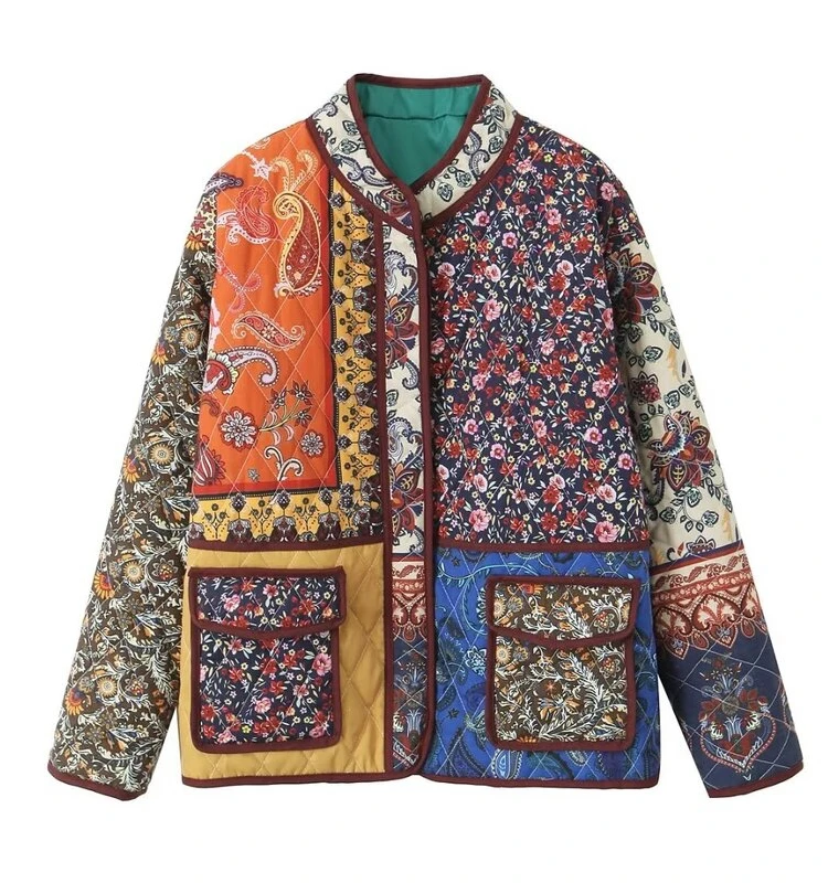Autumn Winter Women's Long Sleeve Print Loose Cotton Shorts Versatile Design Casual Comfortable Cotton Jacket Floral Pattern