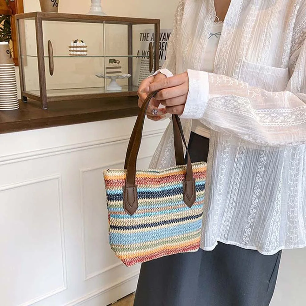 

Elegant Woven Bucket Bag Large Capacity Rainbow Stripes Straw Weaving Handbag Retro Polyester Small Square Bag Women