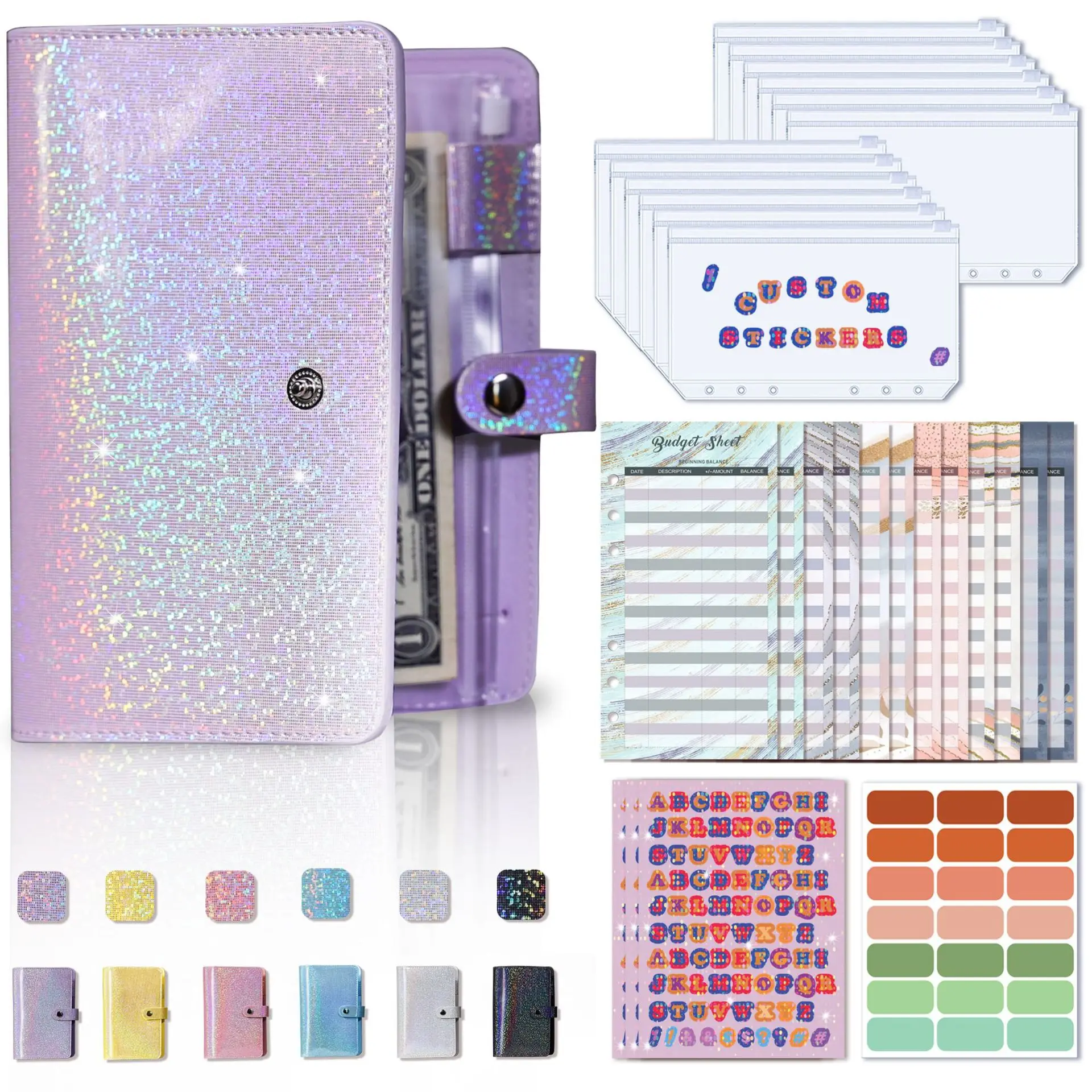 Orçamento Binder com dinheiro Envelopes, A6 Money Organizer, Sparkle Saving Envelopes, Orçamento
