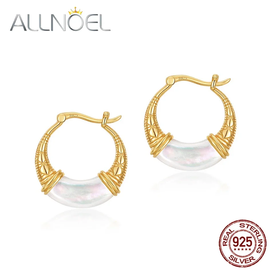 

ALLNOEL Plateden Gold Hoop Earrings 925 Silver Woman White Shell Engagement Wedding Ear Rings for Women Fine Jewely New Arrivals