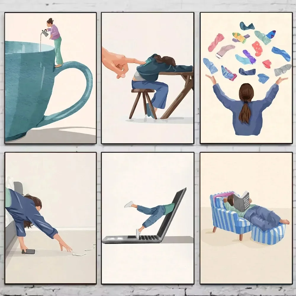 Póster minimalista de la vida diaria, pegatinas artísticas para pared, decoración para sala de juegos, regalos, pintura Kawaii, coches de gato