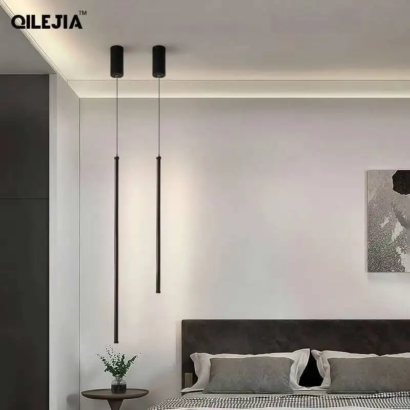 

Modern Simple Long Strip Led Pendant Lights Bedroom Bedside TV Wall Wrought Iron Chandeliers Home Indoor Lighting Decor Lights