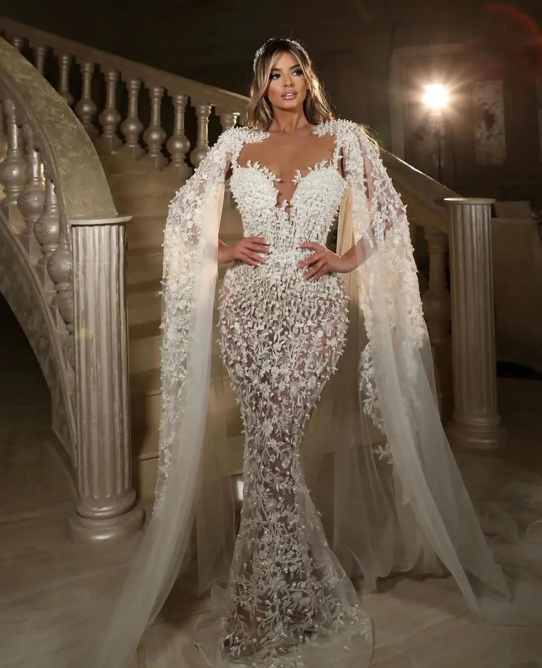 

Gorgeous Mermaid Wedding Dress More Pearls Appliques Bridal Gowns With Cape Custom Made Vestidos De Novia Sirena