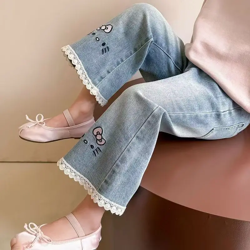 

Kawaii Hello Kitty Sanrio Autumn Cute Cartoon Children Jeans Student Comfortable Warm Pants Flared Pants Birthday Gift for Kids