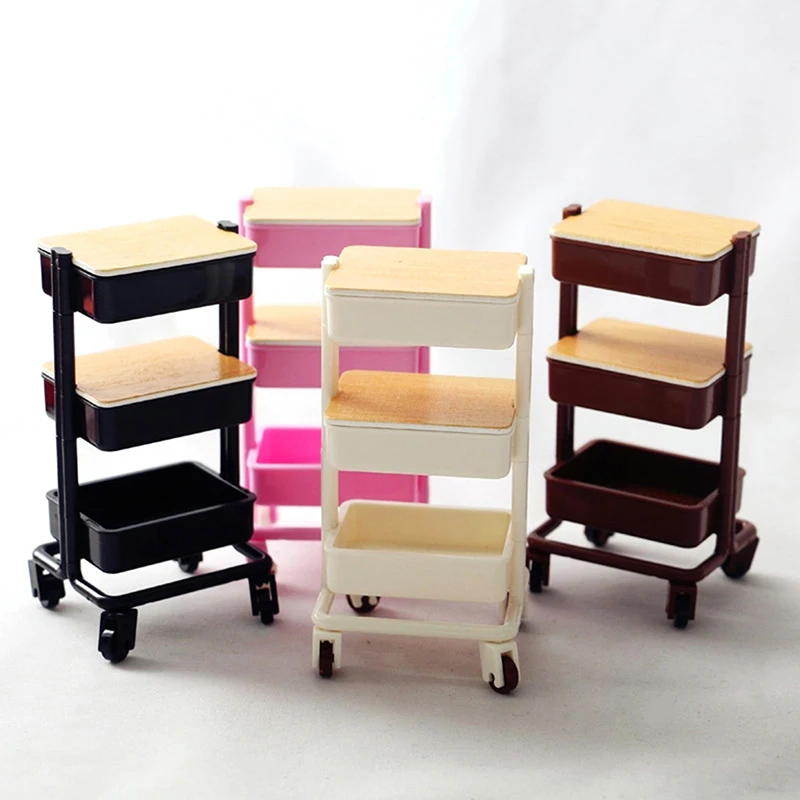 1:12 Dollhouse Miniature Three Layers Trolley Dining Cart with Wheels Storage Display Shelf Bookshelf Furniture Model Decor Toy