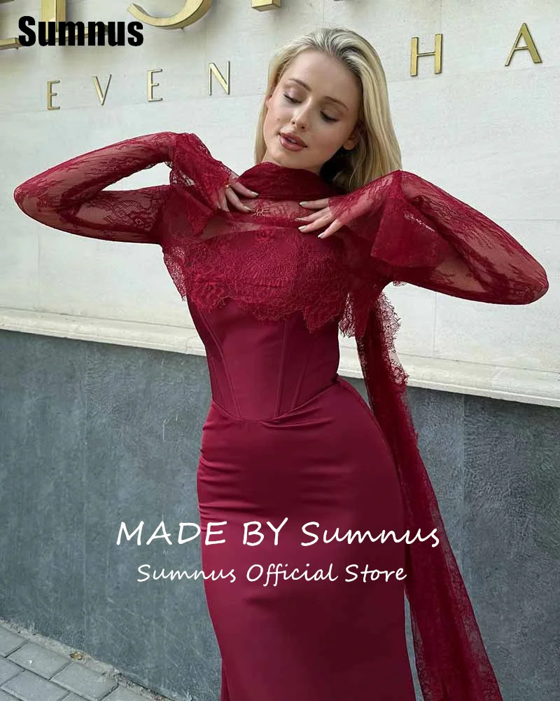 Sumnus elegante sirena vestido de fiesta de encaje de manga larga vestidos de fiesta hasta el suelo vestidos formales 2025 mujeres personalizadas