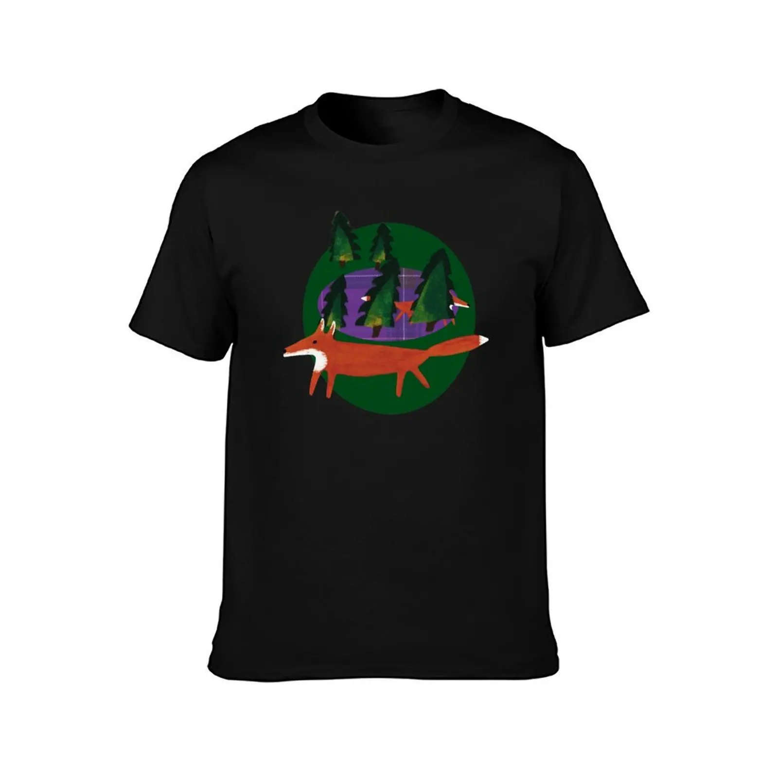 Forest with fox. Green and purple tartan pattern. T-Shirt Stretch Fabric Comfort T-Shirt