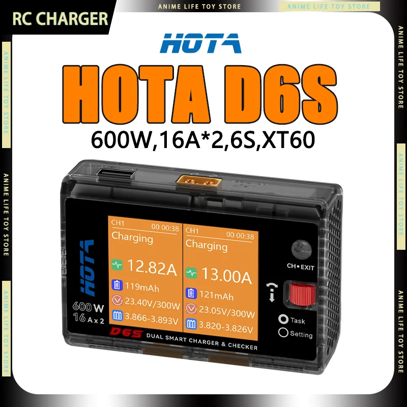 

HOTA D6S 1-6S Lipos 16A 600W RC FPV Balanced Charger & Checker Dual-Channel High-Power XT60 2.8-inch IPS,PWM,PPM,SBUS Boy Gifts