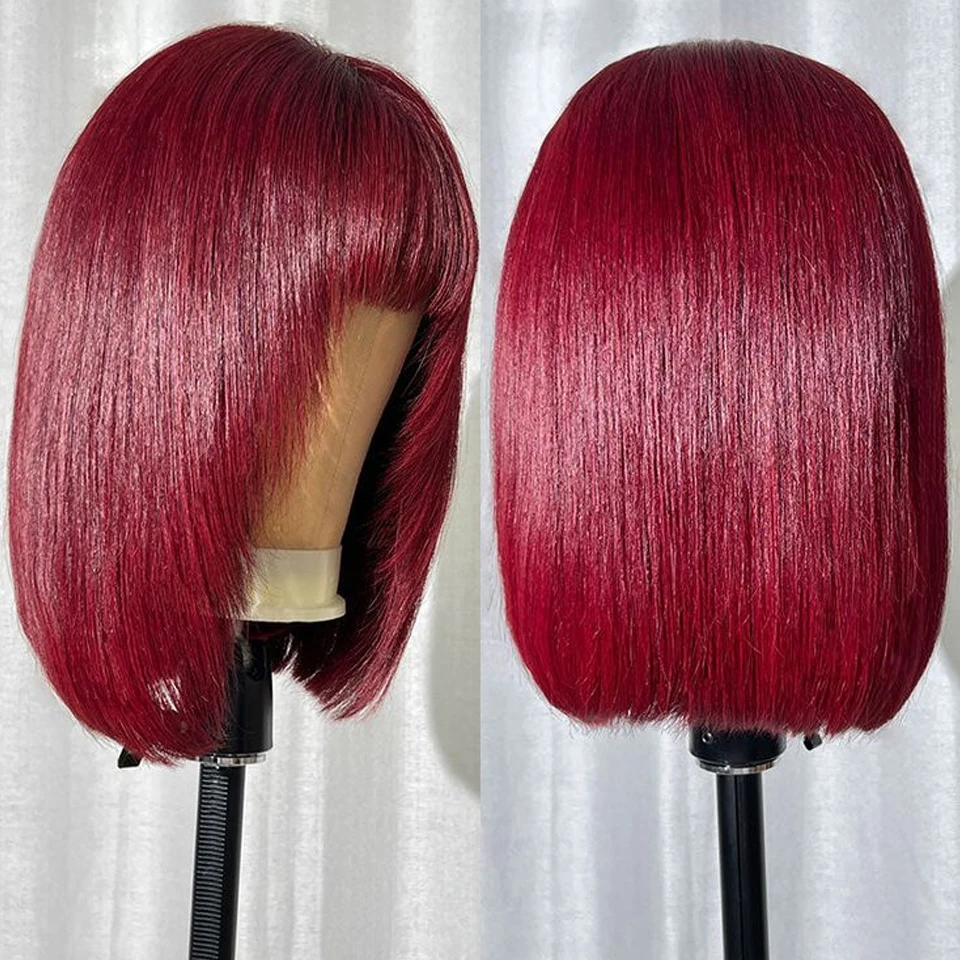 99J Burgundy Red Short Bob Human Hair Wig With Fringe For Women Straight Remy Hair Bob Wigs With Bangs Wigs With Bangs Human Hai