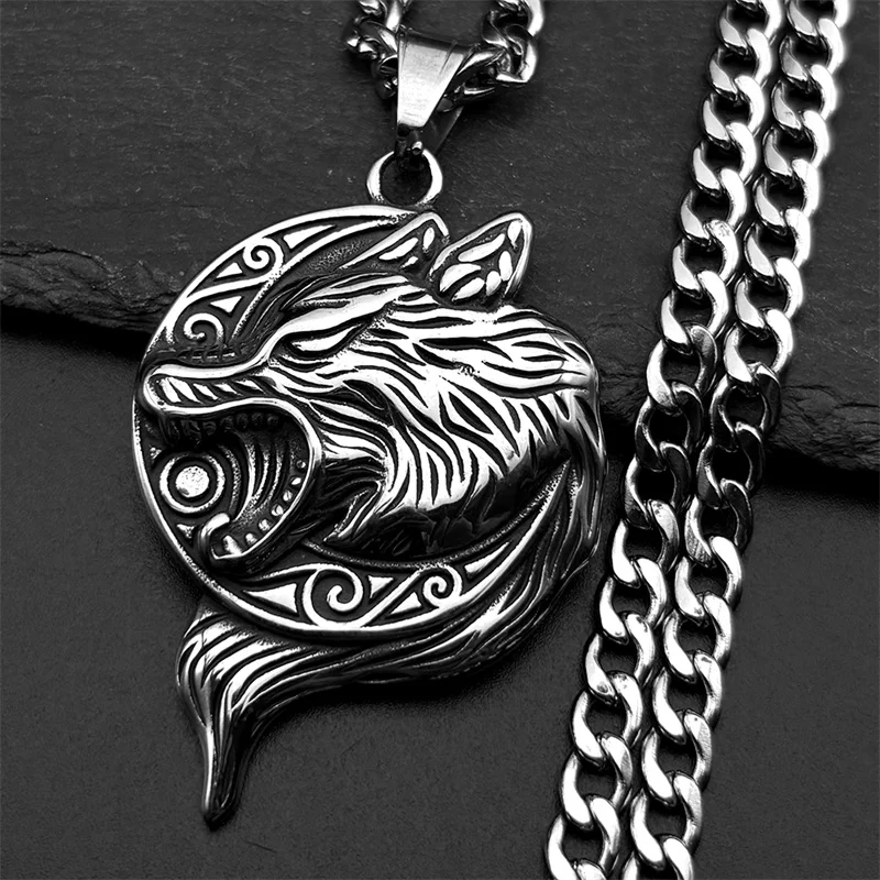

Vinatge Viking Wolf Odin Moon Pendant Necklace for Women Men Nordic Animal Stainless Steel Silver Color Hip Hop Chain Jewelry