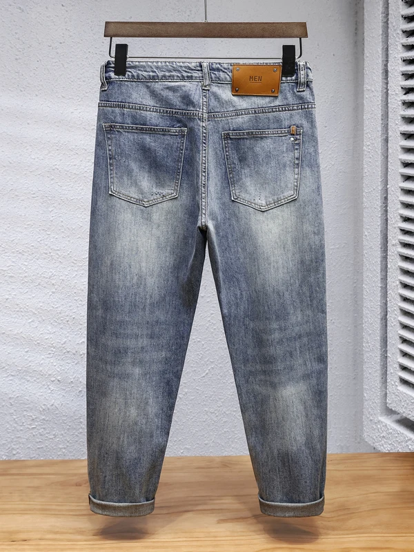 Retro Patchwork Hole Denim Jeans Men Loose Fit Eighteen Pants Washed Versatile Trendy Cone Long Trousers Spring Wear