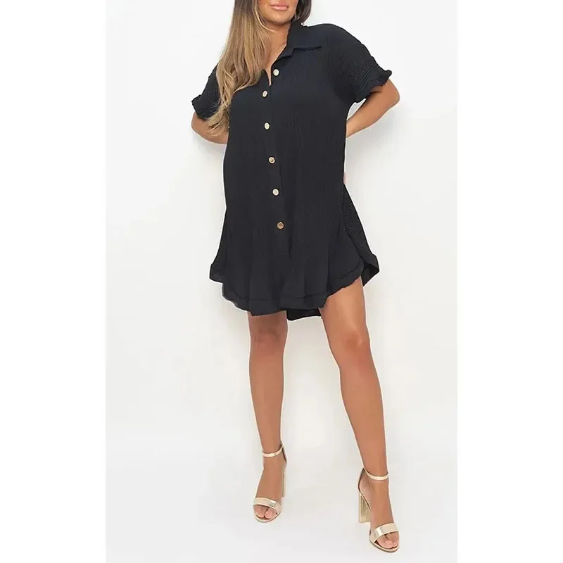2024 فستان كاجوال للنساء الصيف الصلبة قميص فستان قصير أنيق هايت الخصر تكدرت الأكمام غير النظامية قميص ألف خط فستان