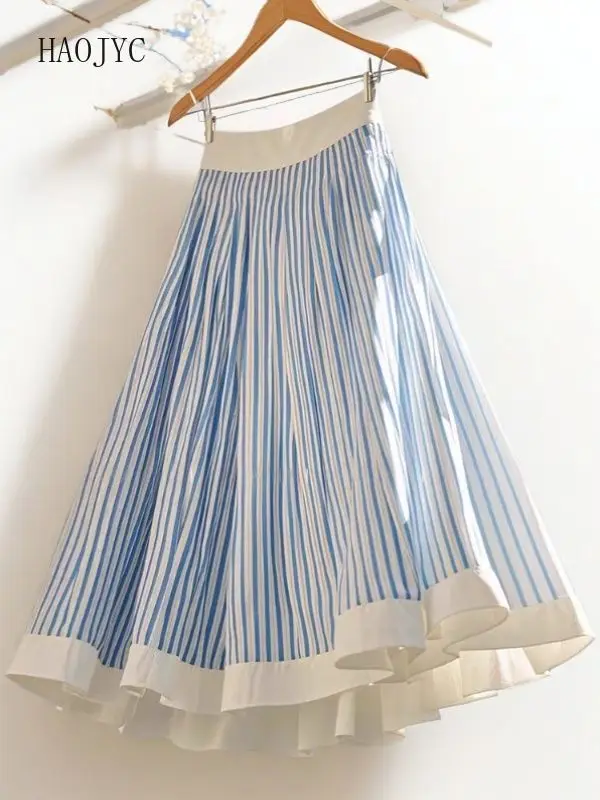 2025 Mori small man new high waist and thin summer temperament high beautiful blue skirt stripes