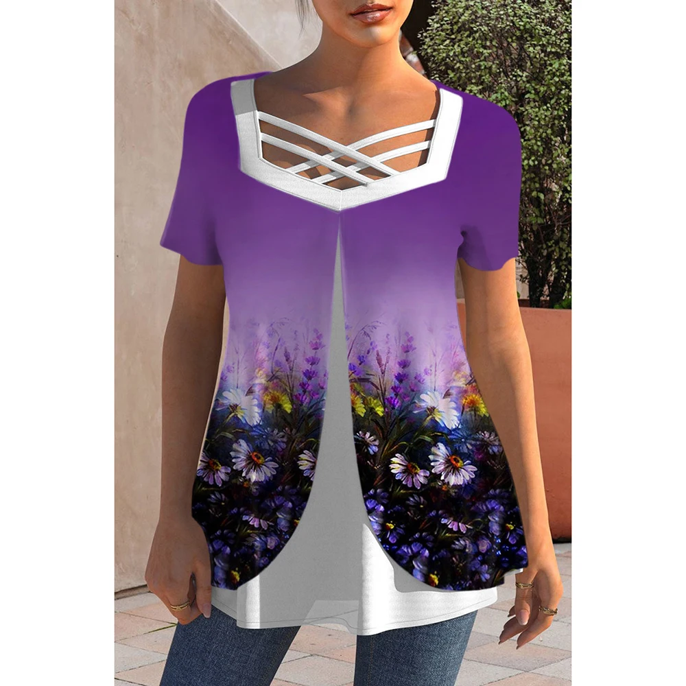 Plus Size Purple Ombre Floral Print Cross Strap Short Sleeve Blouses