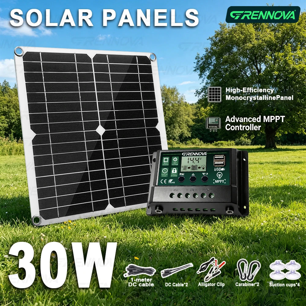 30W Solar Panel Kit Long Lifespan DC 18V USB 5V MPPT Controller 10A/30A/60A With Wire Tool Kit Durable for Camping Mobile Phone