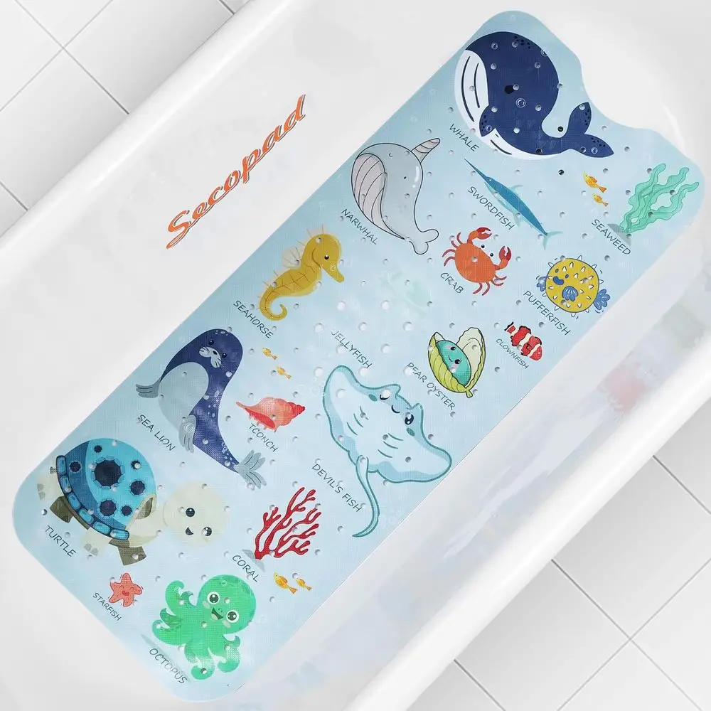 

Non-Slip Washable Cartoon Bathtub Shower Mat for Kids with Drain Holes and Suction Cups, 40 x 16, Blue Sea Animals