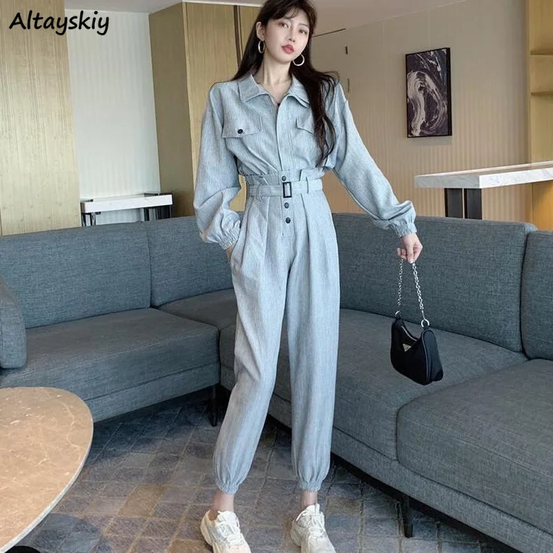 

2 Pieces Sets Women Solid High Waist Female Sashes Pockets Spring Long Sleeve Korean Style Slim Casual Turn-down Collar Cozy New