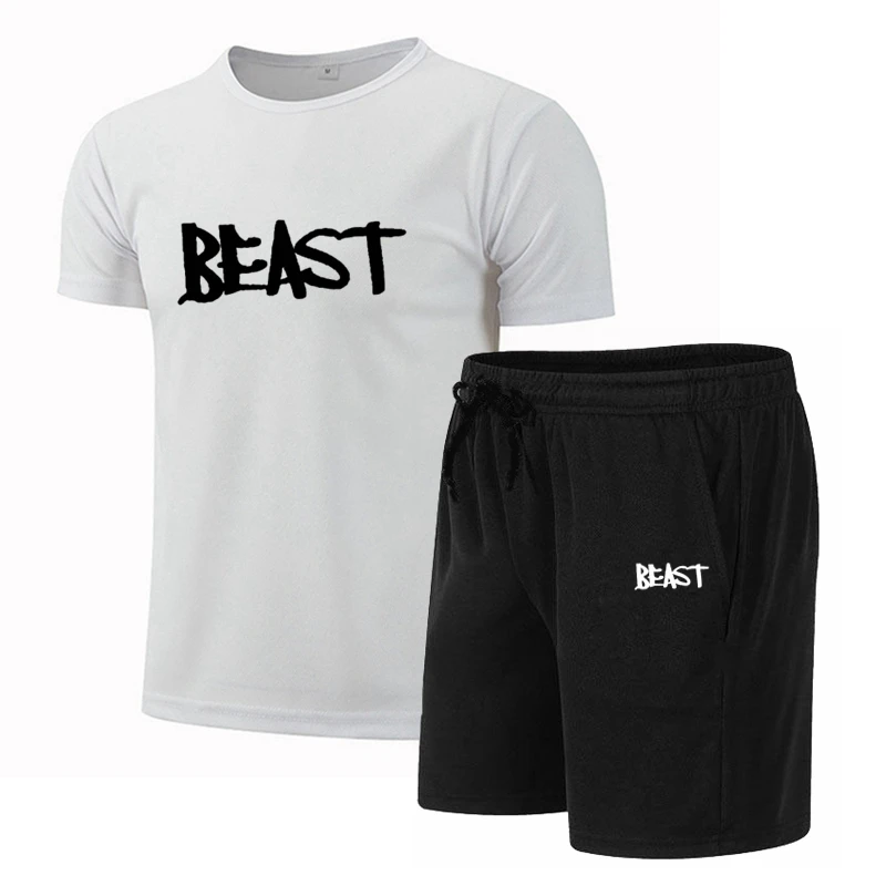 

Летняя Новинка, Мужская футболка с круглым вырезом + шорты BEAST, Повседневная модная спортивная одежда из двух частей с популярным принтом и короткими рукавами, костюм для бега