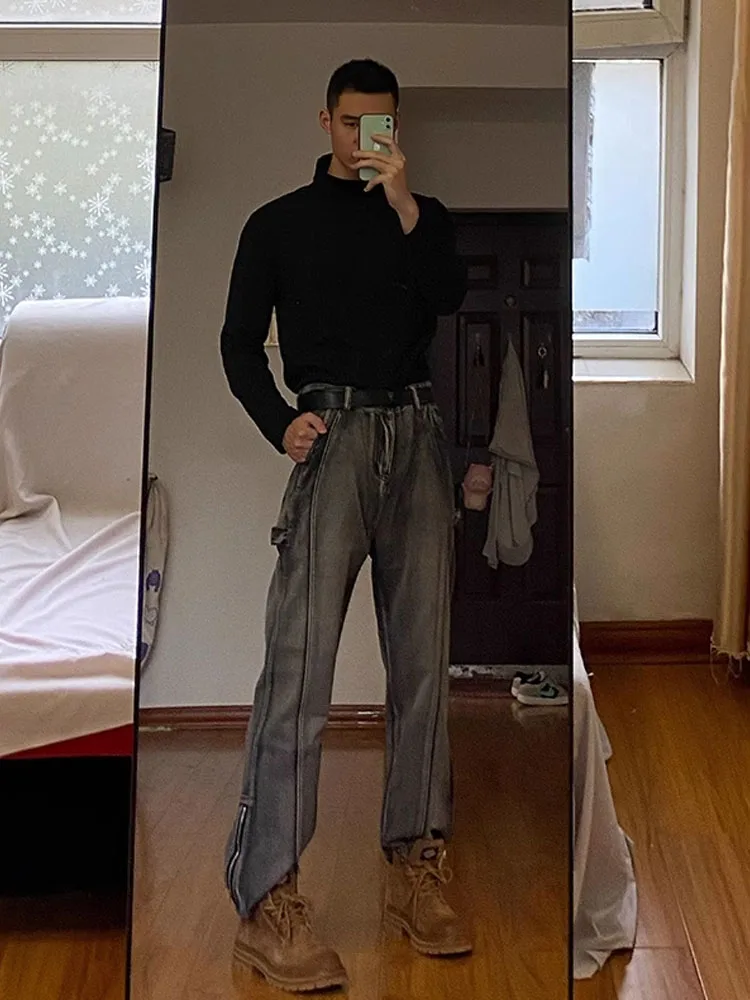 

Retro American High Street Zipper Denim Jeans Men's Straight Leg Micro Flared Cleanfit Deconstructed Design Long Trousers