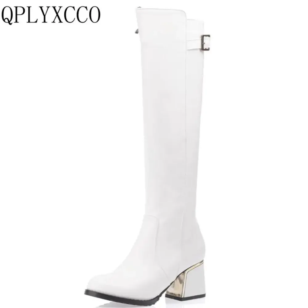 QPLYXCO Knee High Boots Women Fahion Round Toe Belt Buckle Inner Zipper Thick Heels Long Platform Boots Super Big Size 53 54 A18