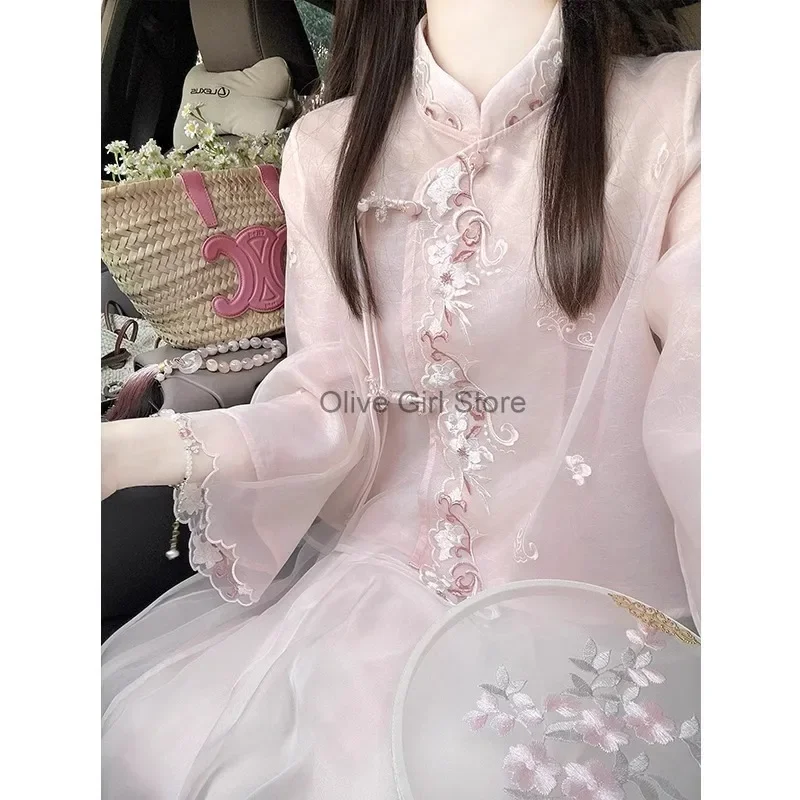 Women\'s Two Pieces Outfits Embroidered Pink Flower Top Short Skirt Traditional Chinese Clothing Women\'s Summer 2024 High-end Set