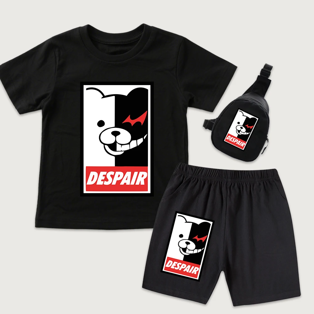 Danganronpa Monokuma Despair Anime Print Kids Cotton T Shirt Shorts Mini Chest Bag 3 Piece Set for Boys Girls Summer Outfit
