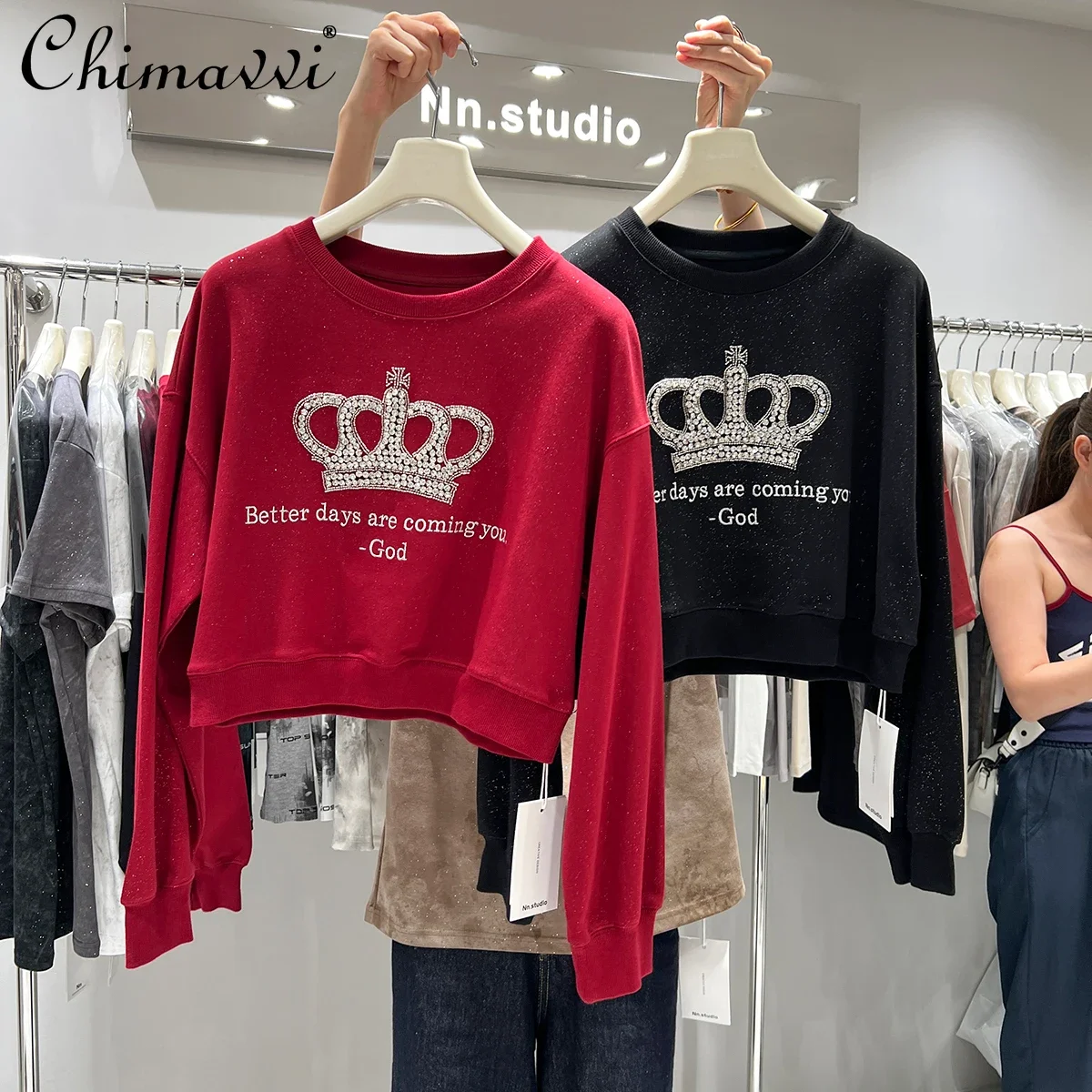 2024 Autumn New Sweatshirts Women European Heavy Diamond High-end Long-sleeved Loose Short Round Neck Pullover Hoodies Top