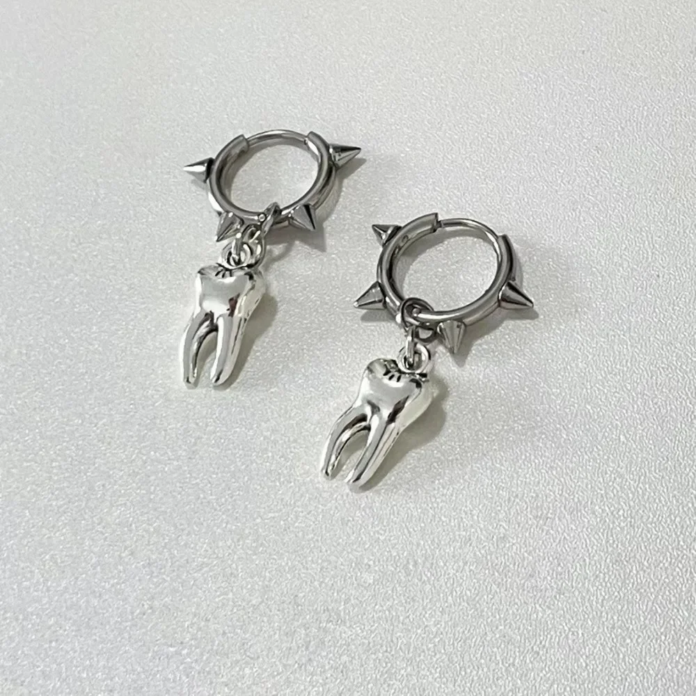 Creative Design Rivet Bone Drop Dangle Earrings for Women Men Punk Style Silver Color Tooth  Hoop Jewelry Rock Party Accessories