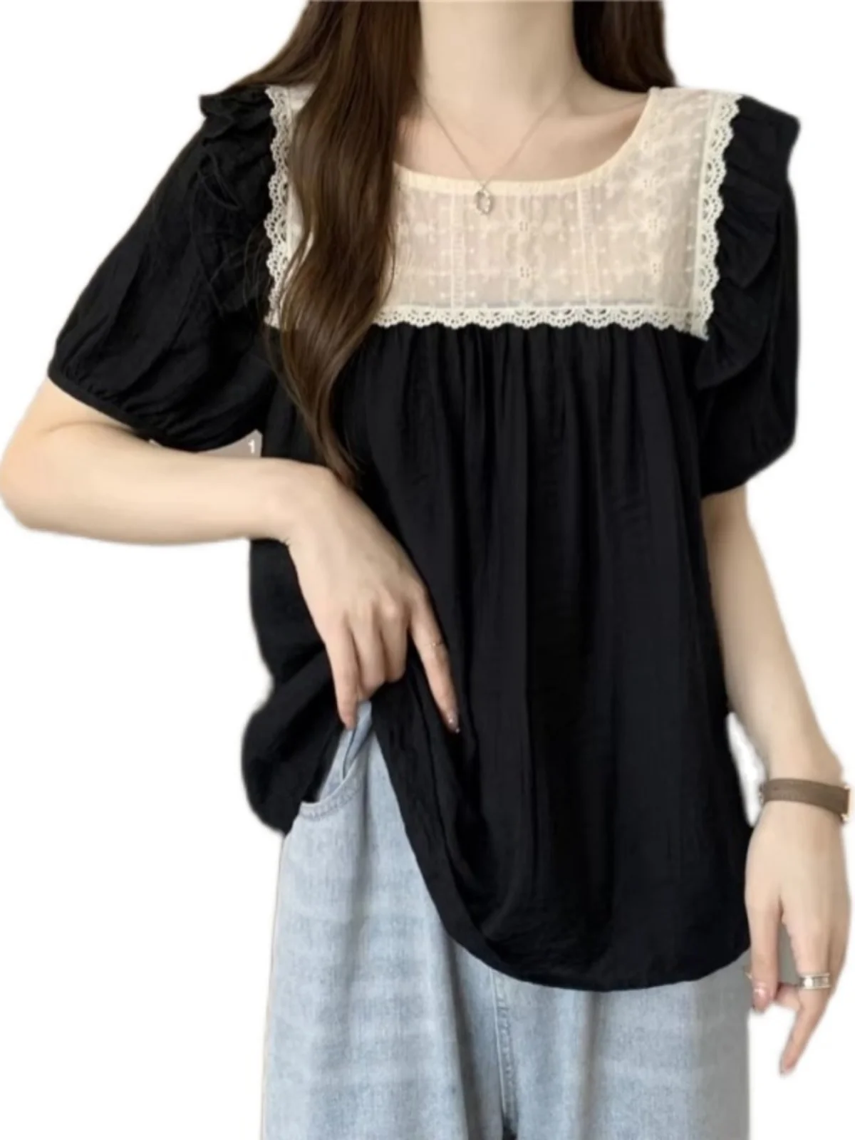 Blusa Holgada de Gasa para Mujer, Diseño Nuevo de Verano, Adorno de Encaje, Estilo Coreano, Cuello Redondo, Línea Recta...