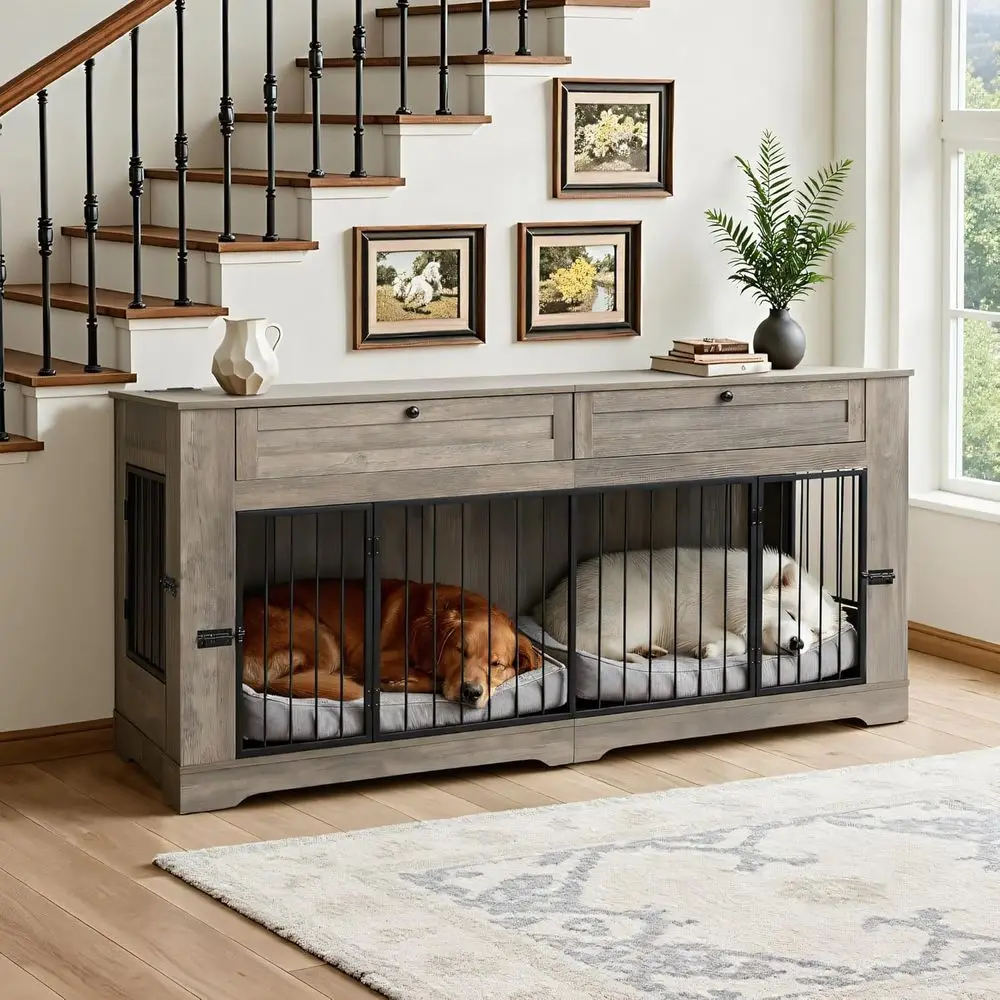 

Sturdy Wooden Double Dog Kennel with Storage Drawers and Power Outlet, Grey, 71